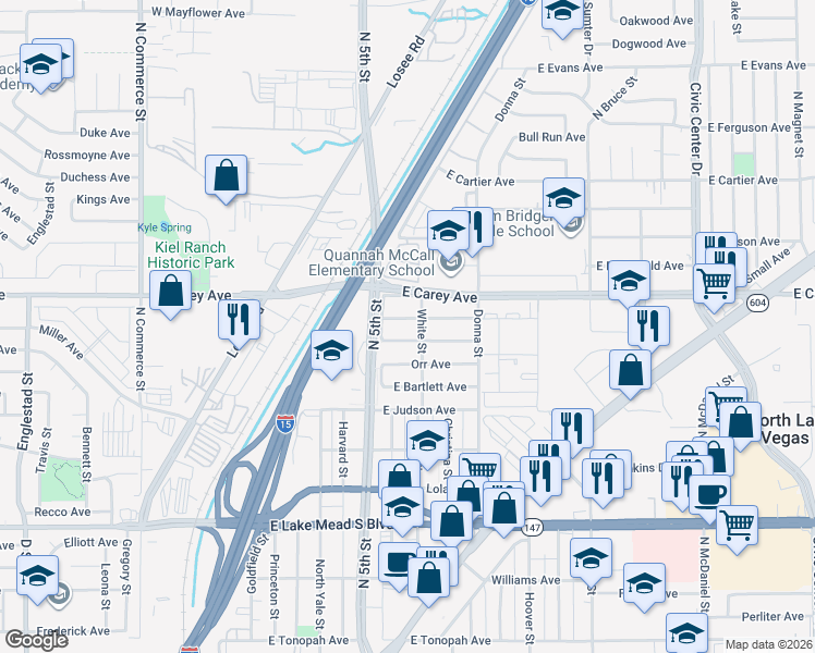 map of restaurants, bars, coffee shops, grocery stores, and more near 604 Lillis Avenue in North Las Vegas