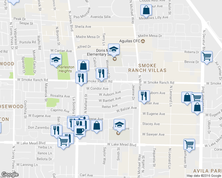 map of restaurants, bars, coffee shops, grocery stores, and more near 5709 Smoke Ranch Road in Las Vegas