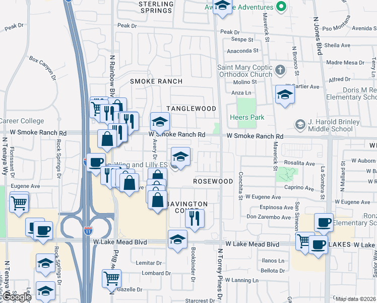 map of restaurants, bars, coffee shops, grocery stores, and more near 6509 Pinon Pine Way in Las Vegas