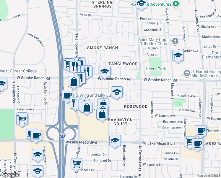 map of restaurants, bars, coffee shops, grocery stores, and more near 6545 Pinon Pine Way in Las Vegas