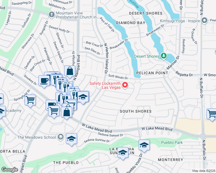 map of restaurants, bars, coffee shops, grocery stores, and more near 2305 Harbor Cliff Drive in Las Vegas
