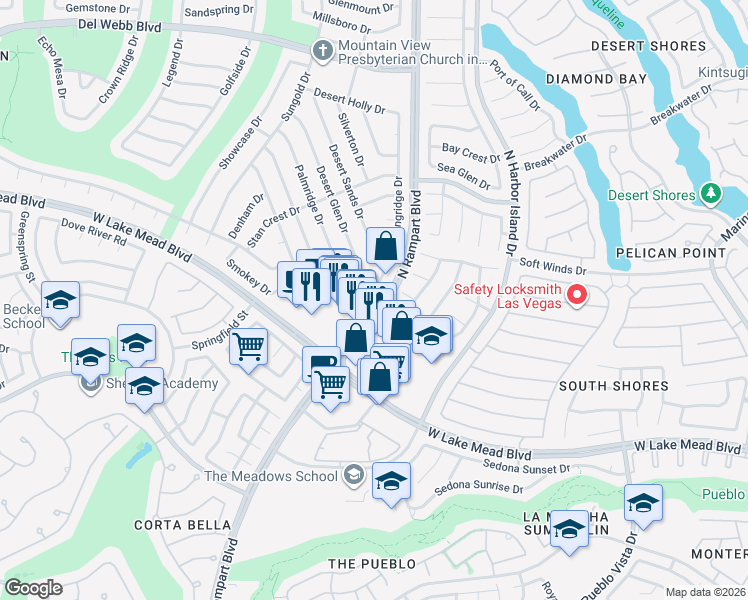 map of restaurants, bars, coffee shops, grocery stores, and more near 2401 Desert Glen Drive in Las Vegas