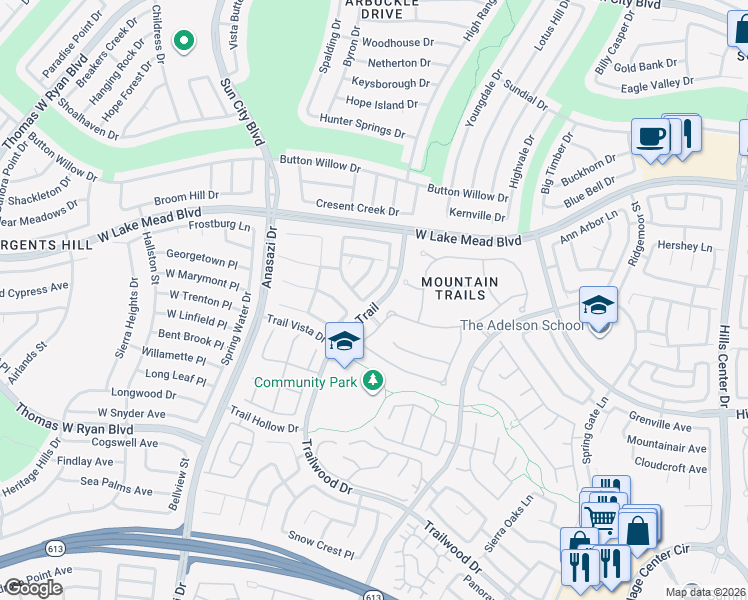 map of restaurants, bars, coffee shops, grocery stores, and more near 2321 Sunrise Meadows Drive in Las Vegas