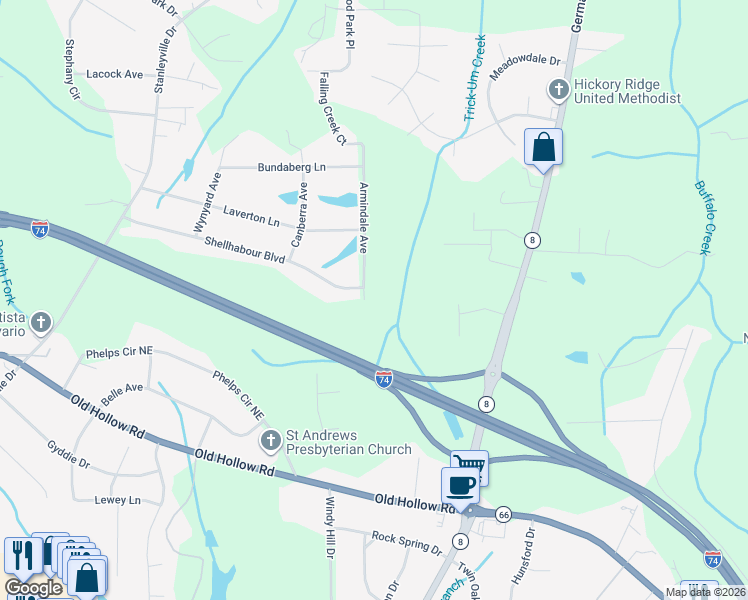 map of restaurants, bars, coffee shops, grocery stores, and more near 6295 Armindale Avenue in Rural Hall