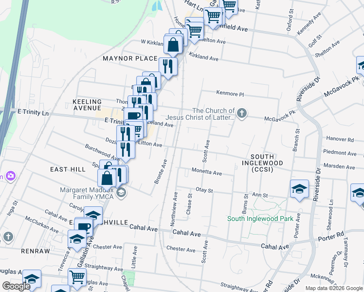 map of restaurants, bars, coffee shops, grocery stores, and more near 1303 Litton Avenue in Nashville