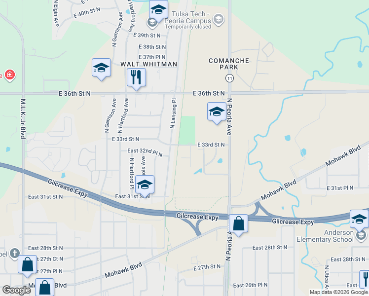 map of restaurants, bars, coffee shops, grocery stores, and more near 955 East 33rd Street North in Tulsa
