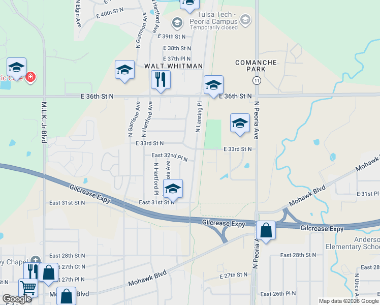 map of restaurants, bars, coffee shops, grocery stores, and more near 3305 North Lansing Place in Tulsa