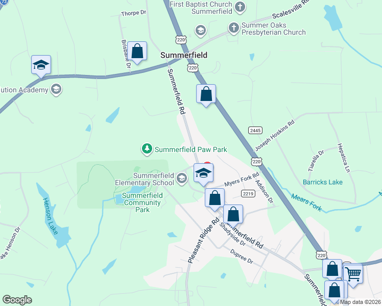 map of restaurants, bars, coffee shops, grocery stores, and more near 7605 Summerfield Road in Summerfield