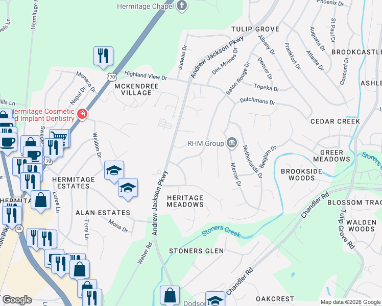 map of restaurants, bars, coffee shops, grocery stores, and more near 4316 Baton Rouge Drive in Nashville