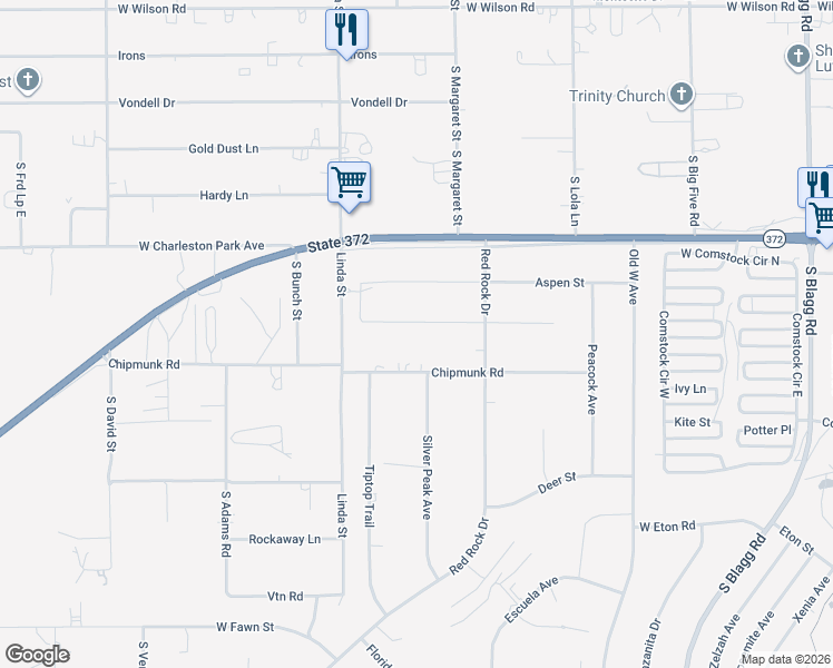 map of restaurants, bars, coffee shops, grocery stores, and more near 820 Brady Lane in Pahrump