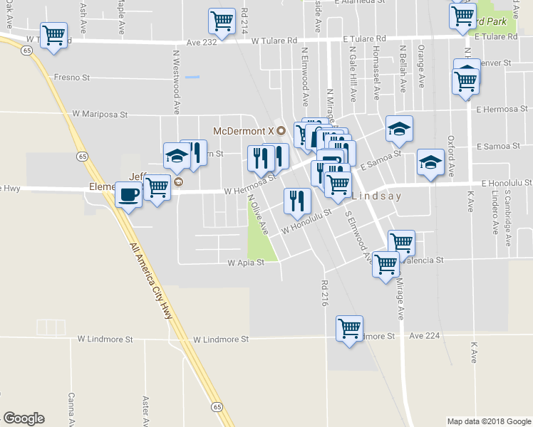 map of restaurants, bars, coffee shops, grocery stores, and more near 197 North Ashland Avenue in Lindsay