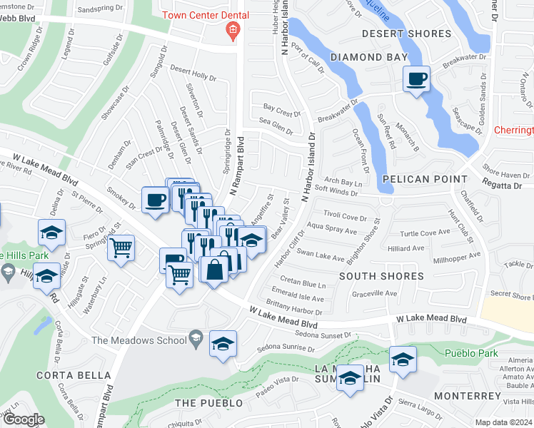 map of restaurants, bars, coffee shops, grocery stores, and more near 2224 Angelfire Street in Las Vegas