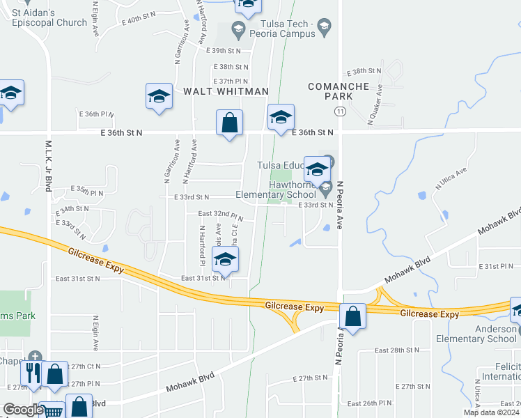 map of restaurants, bars, coffee shops, grocery stores, and more near 3217 North Lansing Place in Tulsa