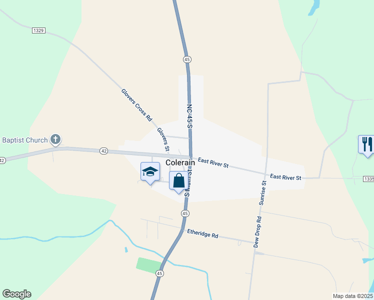 map of restaurants, bars, coffee shops, grocery stores, and more near 105 North Main Street in Colerain