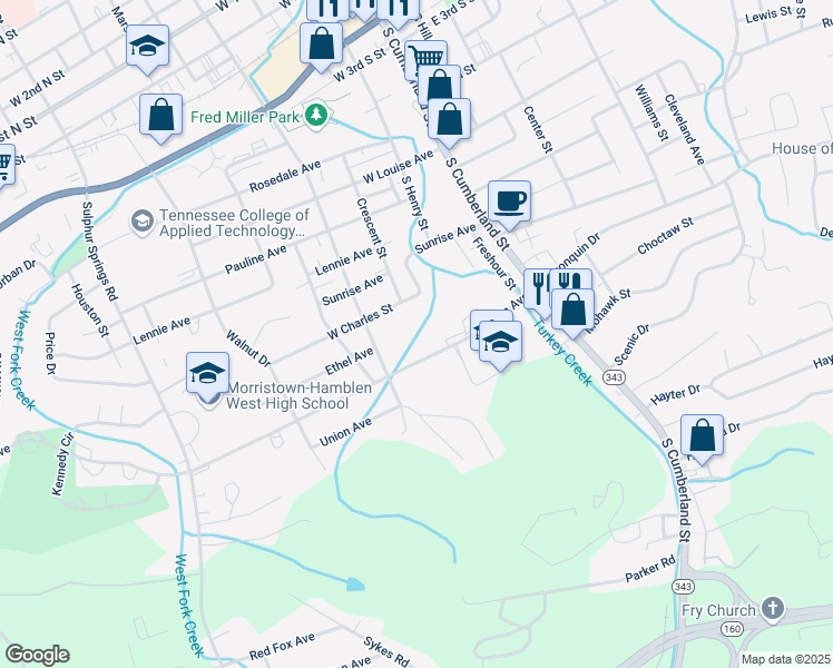 map of restaurants, bars, coffee shops, grocery stores, and more near 1107 South Jackson Street in Morristown