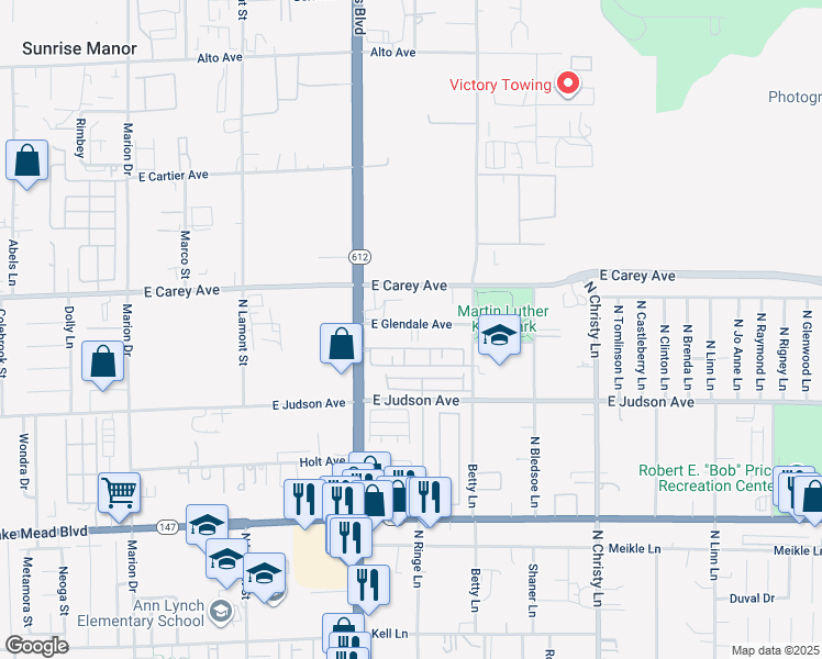 map of restaurants, bars, coffee shops, grocery stores, and more near 5165 East Glendale Avenue in Las Vegas