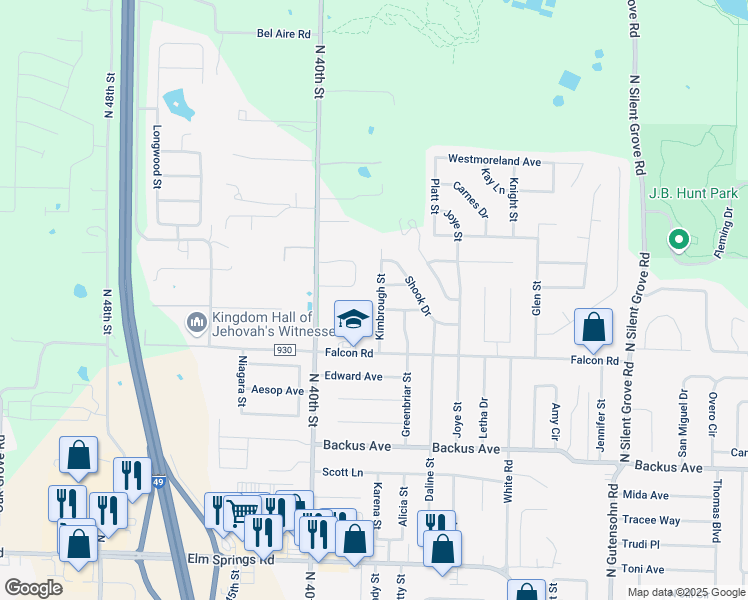 map of restaurants, bars, coffee shops, grocery stores, and more near 1704 Kimbrough Street in Springdale