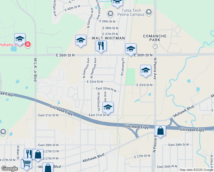 map of restaurants, bars, coffee shops, grocery stores, and more near 738 East 33rd Street North in Tulsa