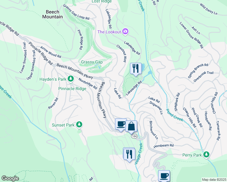 map of restaurants, bars, coffee shops, grocery stores, and more near 216 Lake Road in Beech Mountain