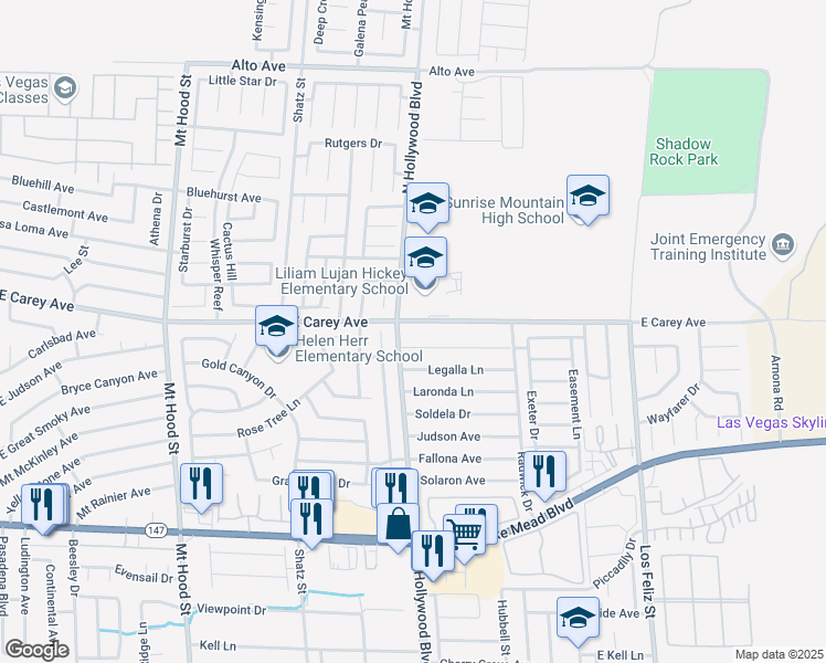 map of restaurants, bars, coffee shops, grocery stores, and more near 6733 East Carey Avenue in Las Vegas