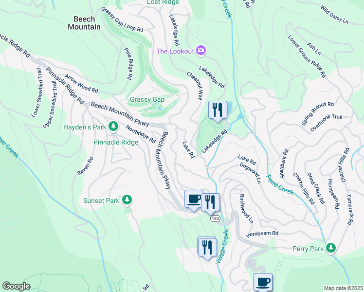 map of restaurants, bars, coffee shops, grocery stores, and more near 216 Lake Road in Beech Mountain