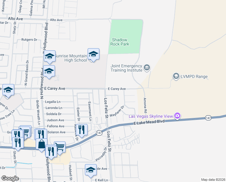map of restaurants, bars, coffee shops, grocery stores, and more near 7147 East Carey Avenue in Las Vegas
