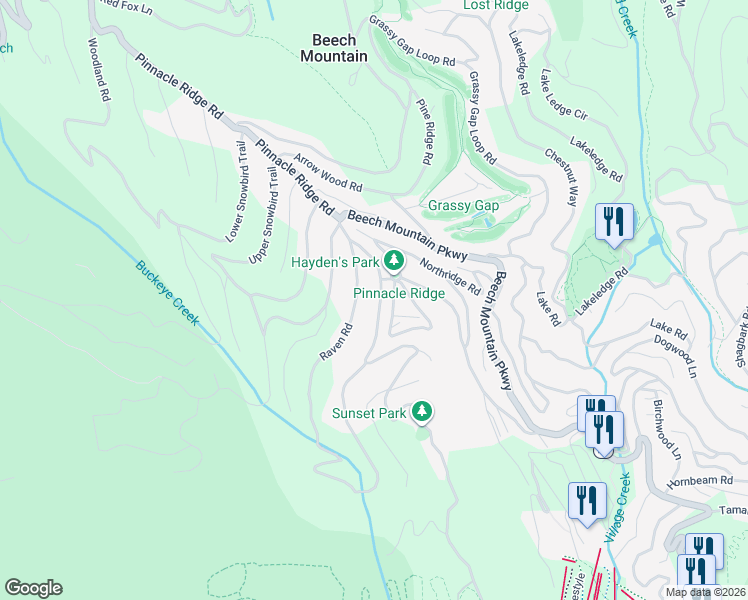map of restaurants, bars, coffee shops, grocery stores, and more near 109 Raven Road in Beech Mountain