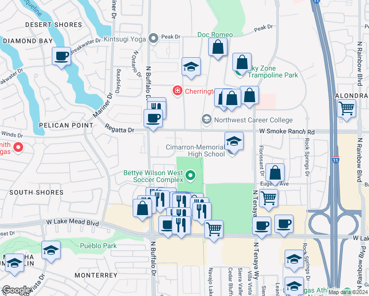map of restaurants, bars, coffee shops, grocery stores, and more near 7504 Maycrest Circle in Las Vegas