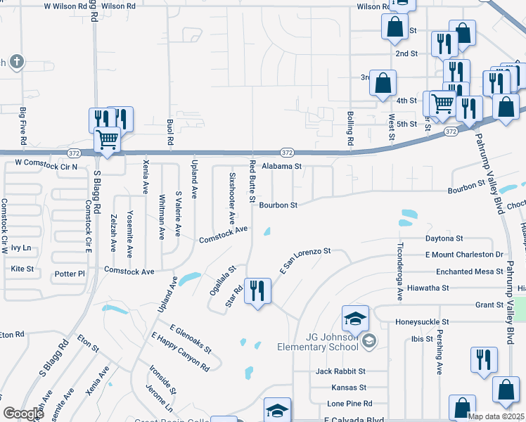 map of restaurants, bars, coffee shops, grocery stores, and more near 541 Bourbon Street in Pahrump