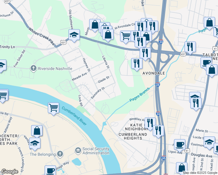 map of restaurants, bars, coffee shops, grocery stores, and more near 1814 Seminary Street in Nashville