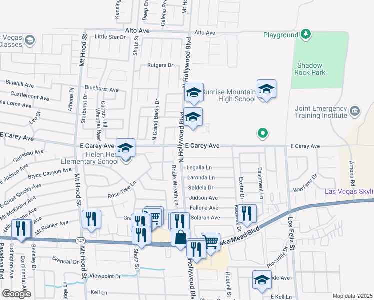 map of restaurants, bars, coffee shops, grocery stores, and more near 6733 East Carey Avenue in Las Vegas
