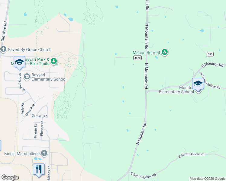 map of restaurants, bars, coffee shops, grocery stores, and more near 2154 North Mountain Road in Springdale