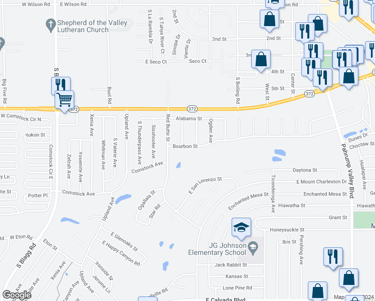 map of restaurants, bars, coffee shops, grocery stores, and more near 601 Bourbon Street in Pahrump