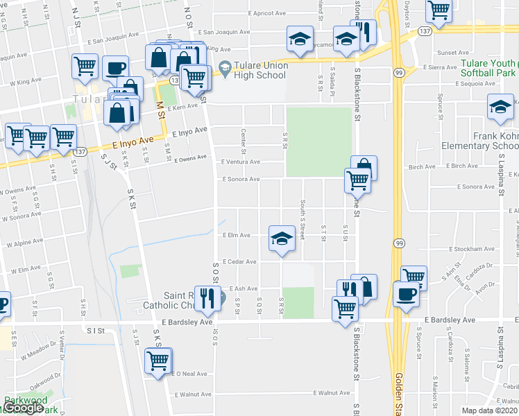 map of restaurants, bars, coffee shops, grocery stores, and more near 601 South Q Street in Tulare