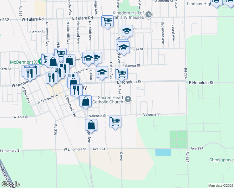 map of restaurants, bars, coffee shops, grocery stores, and more near 187 South Harvard Avenue in Lindsay