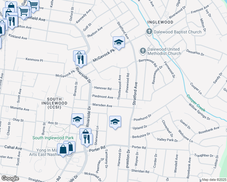 map of restaurants, bars, coffee shops, grocery stores, and more near 1724 Hanover Road in Nashville