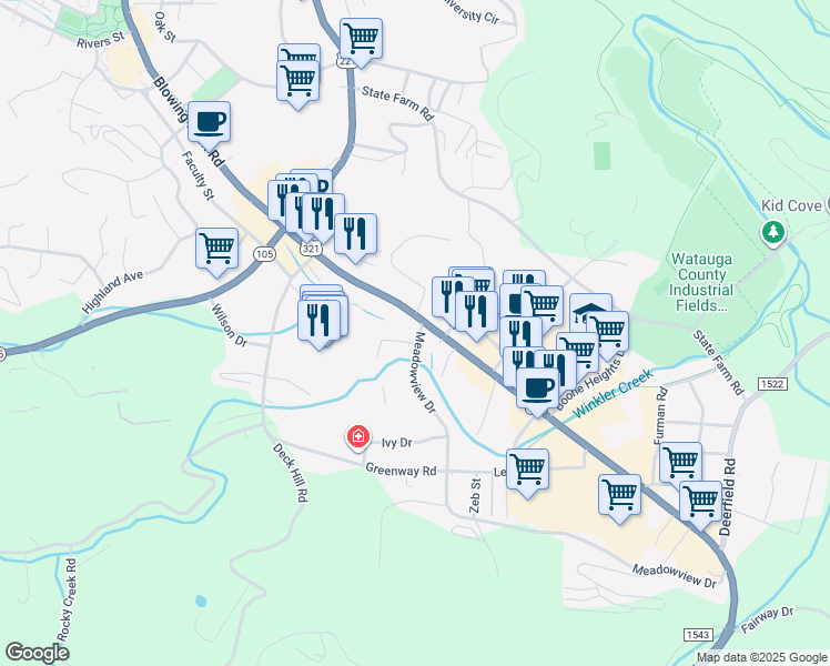 map of restaurants, bars, coffee shops, grocery stores, and more near 128 Meadowview Drive in Boone