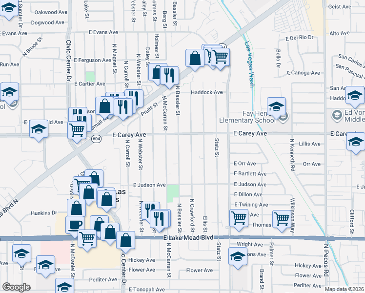 map of restaurants, bars, coffee shops, grocery stores, and more near in North Las Vegas