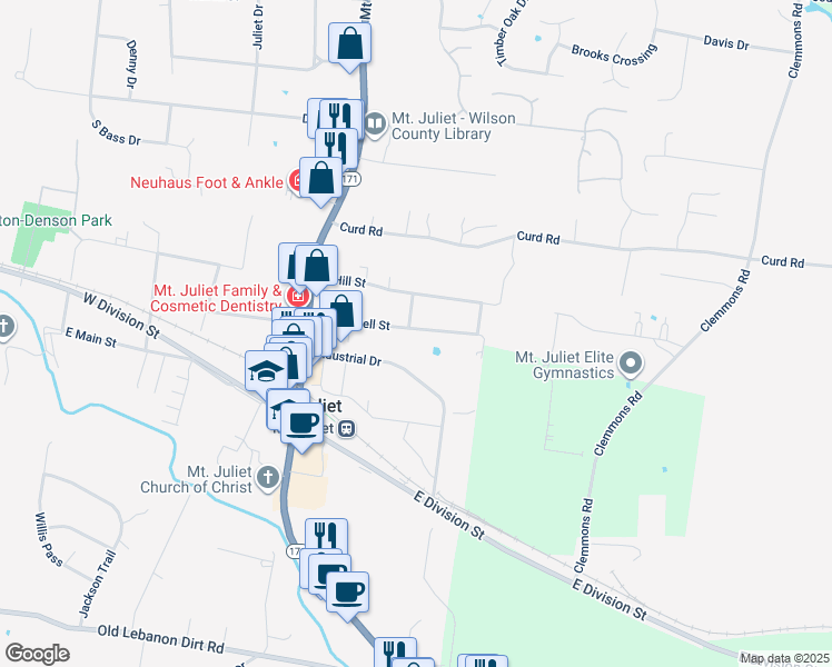 map of restaurants, bars, coffee shops, grocery stores, and more near 155 Ridgecrest Drive in Mt. Juliet