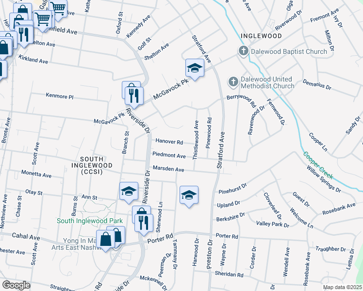 map of restaurants, bars, coffee shops, grocery stores, and more near 1724 Hanover Road in Nashville