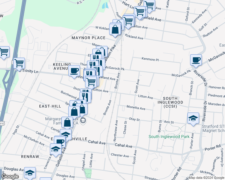 map of restaurants, bars, coffee shops, grocery stores, and more near 1211C Litton Avenue in Nashville