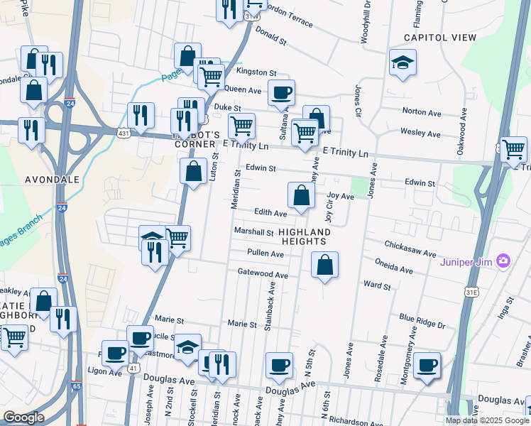 map of restaurants, bars, coffee shops, grocery stores, and more near 311 Edith Avenue in Nashville