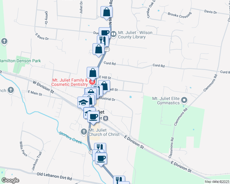 map of restaurants, bars, coffee shops, grocery stores, and more near 51 East Caldwell Street in Mt. Juliet