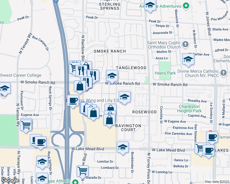 map of restaurants, bars, coffee shops, grocery stores, and more near 6552 Sweetzer Way in Las Vegas