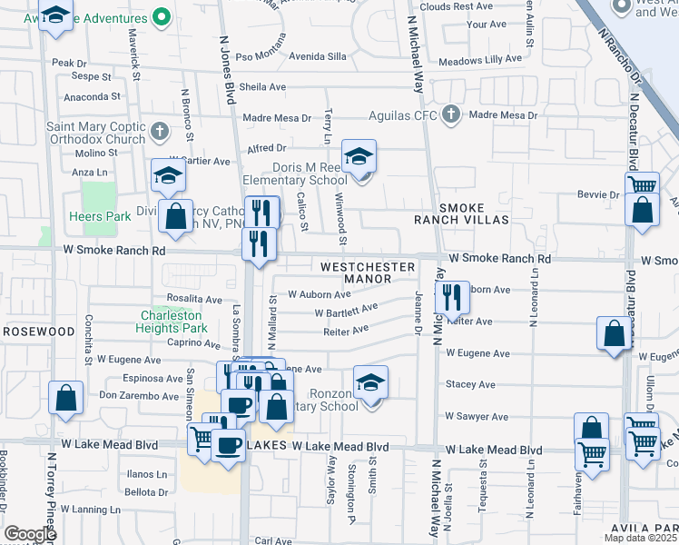 map of restaurants, bars, coffee shops, grocery stores, and more near 5709 Smoke Ranch Road in Las Vegas