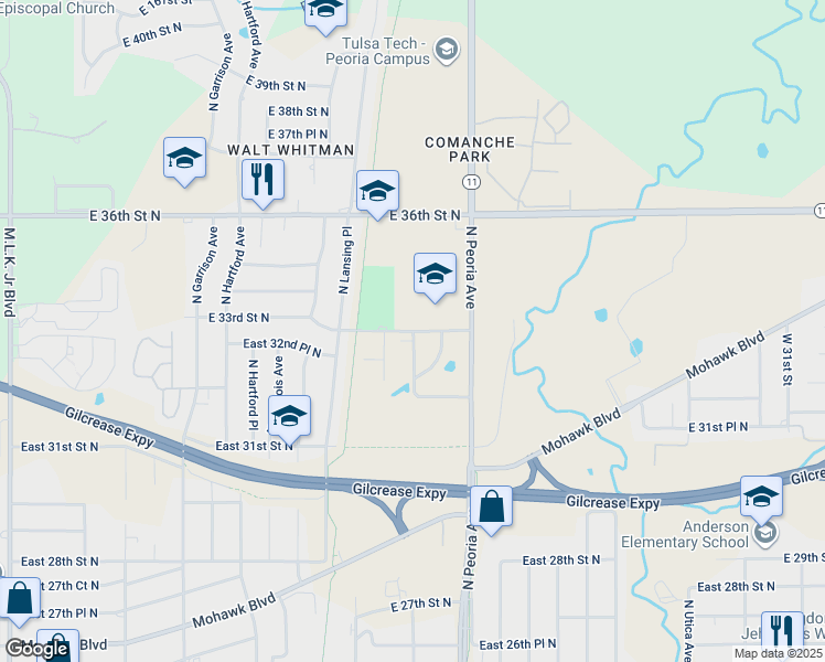map of restaurants, bars, coffee shops, grocery stores, and more near 1105 East 33rd Street North in Tulsa