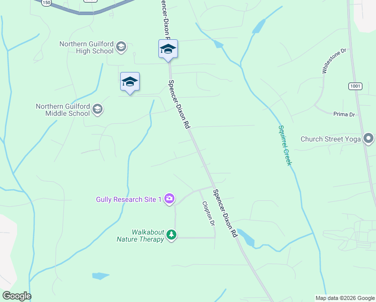 map of restaurants, bars, coffee shops, grocery stores, and more near 6991 Spencer-Dixon Road in Greensboro