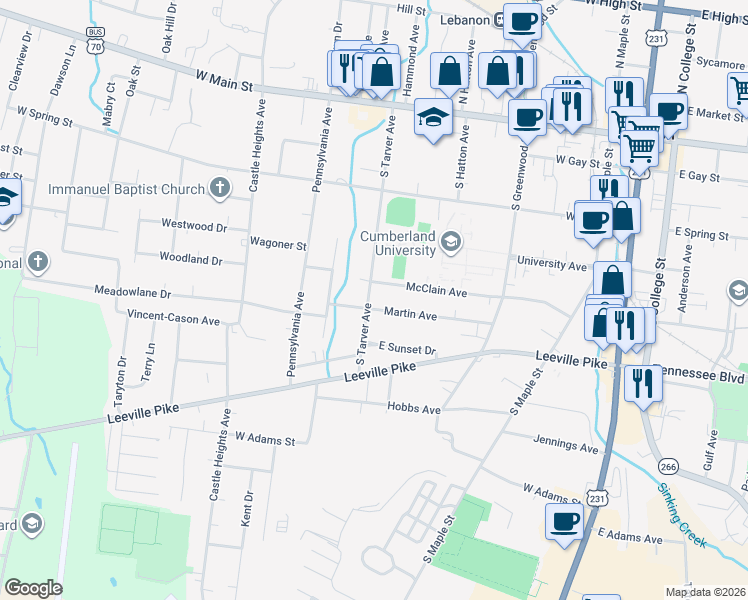 map of restaurants, bars, coffee shops, grocery stores, and more near 305 South Tarver Avenue in Lebanon