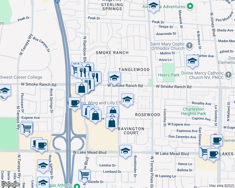 map of restaurants, bars, coffee shops, grocery stores, and more near 6552 Sweetzer Way in Las Vegas