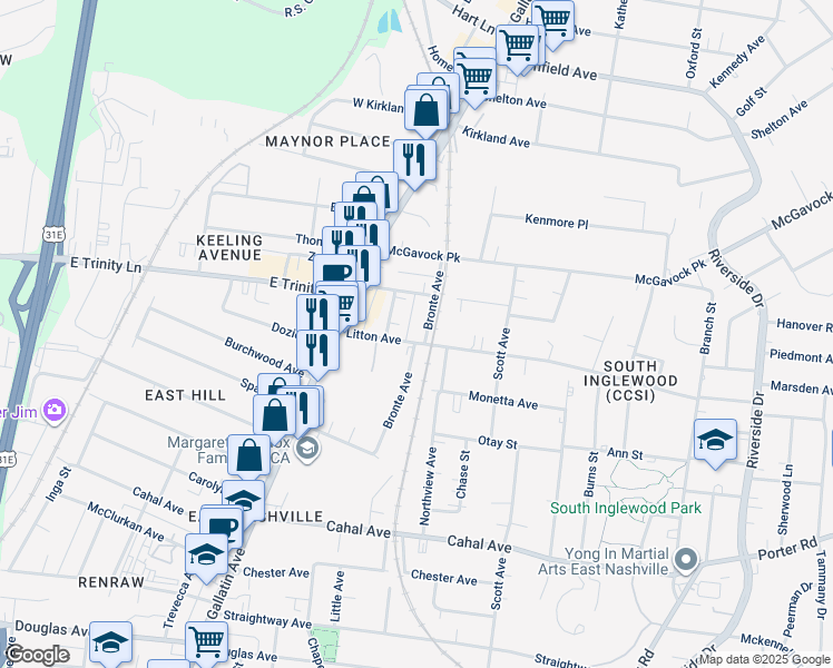 map of restaurants, bars, coffee shops, grocery stores, and more near 1211C Litton Avenue in Nashville